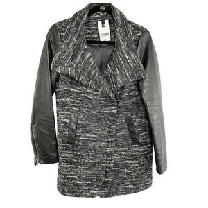 Soia & Kyo Black Leather & Tweed Funnel Neck Jacket Women's Size Medium